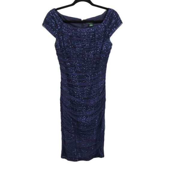 Vintage 80's Lauren Dress Mini Bodycon Formal Net Sequin Overlay Ruched Navy 6 - Picture 5 of 13